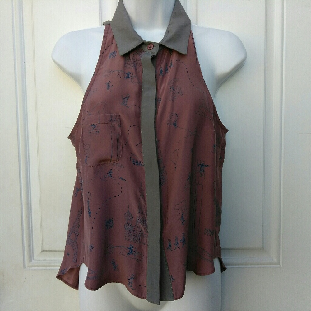 In God We Trust 100% Silk Cat Sleeveless Blouse
